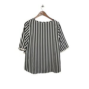 BomBom Black White Striped‎ Top Women's Small Lace Trim Short Sleeve Blouse